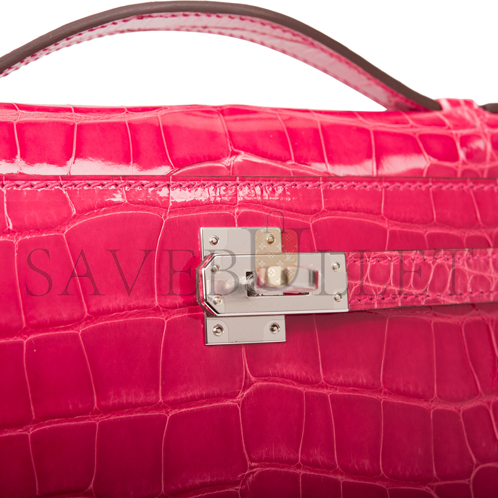 H**mes master rose extreme mini kelly pochette of shiny mississippiensis alligator palladium hardware (22*14*7cm)